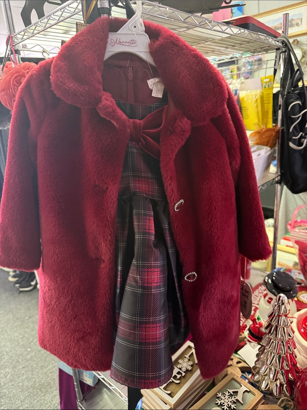 Nannette Girls' Burgundy Faux-Fur Pea Coat with Plaid Dress